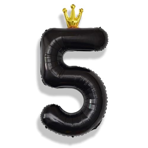 Image of 40 Inch Black 5 Number Balloons for Kids, Giant Foil 5th Birthday Number Balloon, Crown Self Inflating Balloons 0-9 Set for Girls Boys 15th Birthday Party Decor Anniversary Decorations Boys Supplies