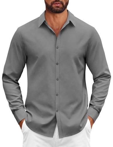COOFANDY Camisa de Manga Larga de Algodón Elástico con Botones para Hombre para Boda Corte Cómodo Gris Medio L