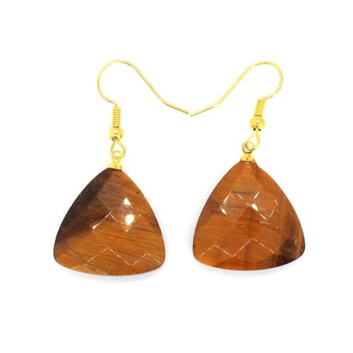 Fan-shaped Semi-precious Stone Diamond-shaped Cut-faced Earrings,Tiger Eye Stone