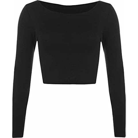 Womens Crop Long Sleeve T Shirt Ladies Short Plain Round Neck Top Ladies Fitness Workout Running T Shirts Plain Cropped Tops (Black UK 8-10) Cover