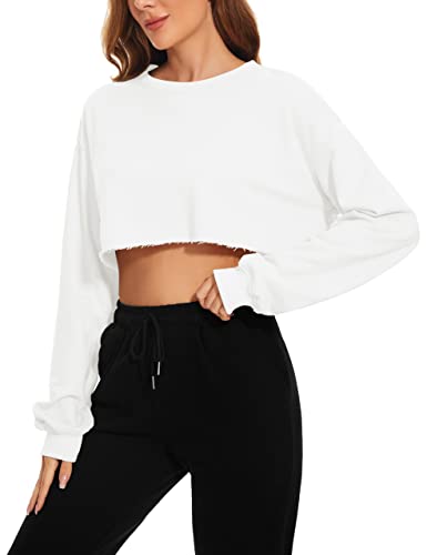 Meladyan Women Causal Raw Hem Crop Sweatshirt Round Neck Drop Shoulder Long Sleeve Loose Athletic Cropped Pullover Shirts White #TOP3