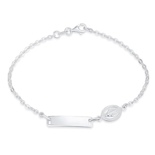 Image of Bling Jewelry Dainty Virgin Mary Personalize Thin Religious Identification ID Bracelet Curb Cuban Chain Link .925 Silver Sterling 7 Inch