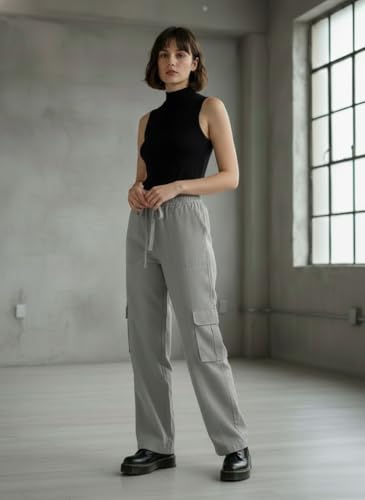 Image of SMOWKLY Women's Casual Cargo Pant| Baggy Fit Multi Pocket Streetwear Pants | High Waist Cargo Trousers | Stretchable Cotton Blend Utility Pants for Women |Office & Casual Wear
