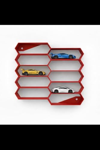 Image of 10-Car Hexagon Wall Rack Compatible with Hot Wheels Stand & 1:64 Die-Cast Cars | Stackable Wall Car Display Organizer with Side Guards & Screw Slot | Home & Office Decor (NO CAR INCLUDED)(Red)