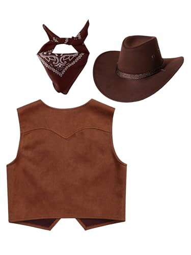 Kids Western Cowboys Cowgirls Open Front Brown Vest with Hat Carnival Party Outfit Fancy Dress Up4