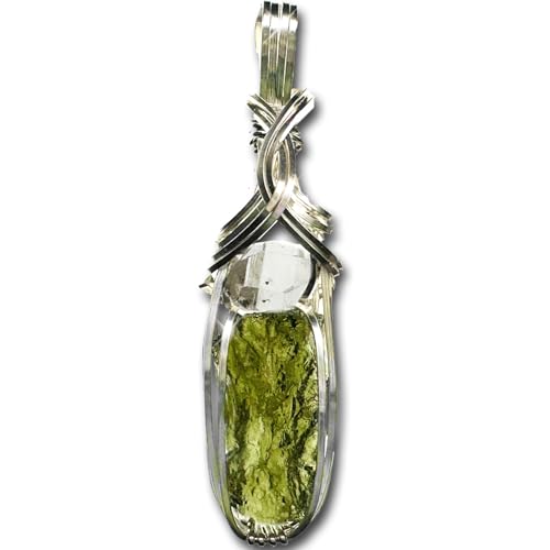 Rocks2Rings Genuine Moldavite Crystal - Large Herkimer Diamond Necklace Pendant - VERY high vibration Czech Republic Tektite Healing Stone Reiki S61 (Sterling Silver, 1.3 gram moldavite, S)