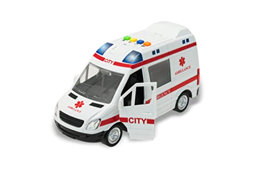 Teorema Giocattoli, Ambulanza Giocattolo con Luci e Suoni Reali, Macchinina Bambino con Frizione Potente, Porte Apribili, 4 Pulsanti Interattivi, Macchinine per Bambini, Scala 1:16