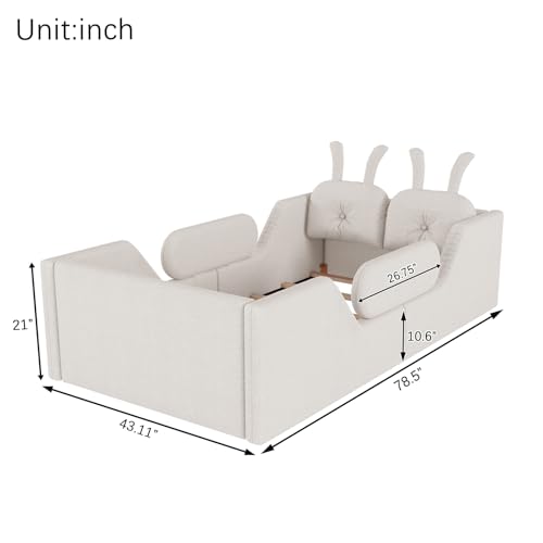 Image of Twin Size Kids Floor Bed Frame, Upholstered Montessori Platform Bed W /Removable Rails Cute Daybed Frame for Girls Boys, No Box Spring Required,Beige