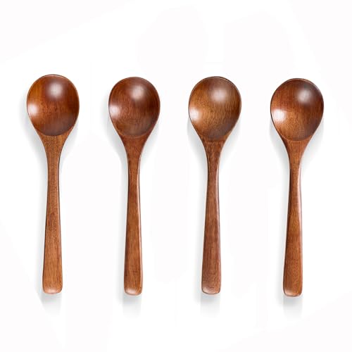 Hefild 4 PCS Wooden Spoons for Eating, 7 inch Wooden Honey Spoons for Tea, Wood Teaspoons for Stirring Coffee, Hard Wood Table Spoon for Cooking, Small Serving Spoon for Soup, Desserts & Cereal