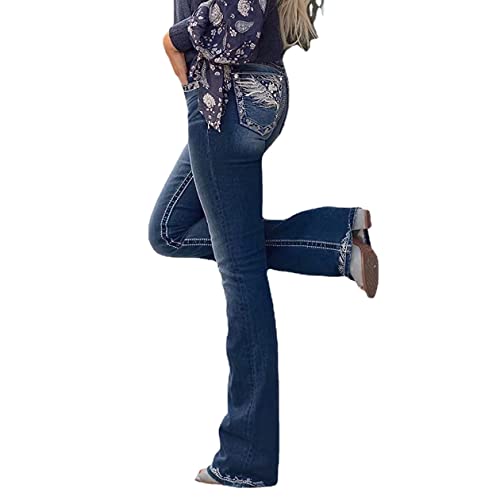 Womens Feather Flower Embroidery Mid Rise Stretchy Bootcut Jeans Slim Straight Leg Denim Jean Pants Cobalt Blue