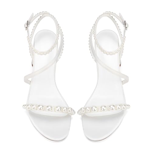 Women's Pearl Embellished Ankle Strap Sandals, Block Heel, White Satin, Wedding Party Shoes,3.3 Inches3