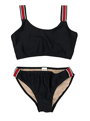 Cheryl Creations Kids Girl's Cute and Comfortable Two Piece Elastic Stripe Bathing Suit Bikini Swimsuit (Black-Red/White Stripe, Large 14)