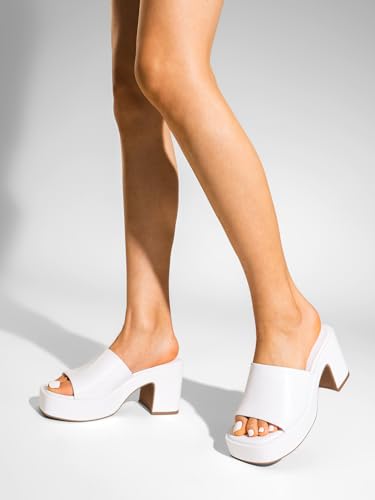 DREAM PAIRS High Chunky Platform Heels for Women Fashion Comfort Slip on Square Open Toe Block Heel Sandals,Size 7.5,White-Pu,SDHS2410W