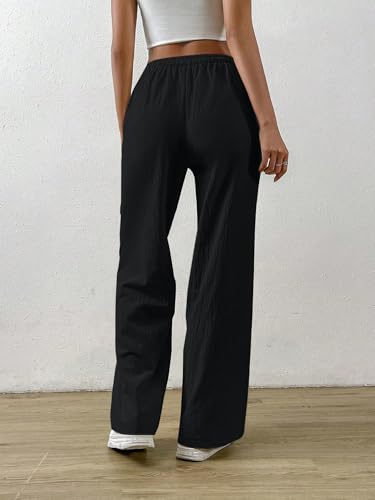 Image of TOPLOT Women's Linen Blend Wide Leg Palazzo Pants | Elastic Drawstring Waist Trousers for Woman | Relaxed Fit Casual Lounge Trousers | Breathable Straight Leg Everyday Bottom Wear (5268)