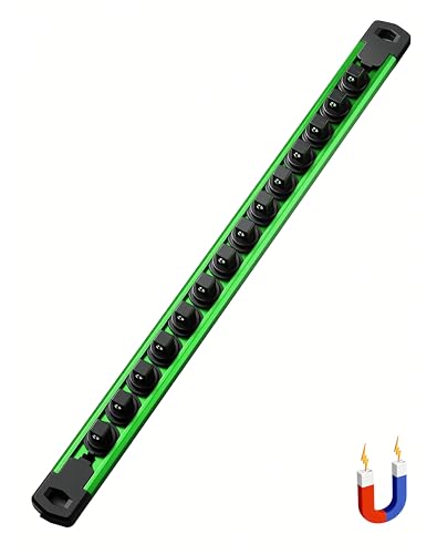 Image of ALOANES 3 /8 inch Drive Magnetic Socket Rail, 360 Swivel Clips, Heavy Duty Aluminum Tray Organizer - 14 Slots (Green)