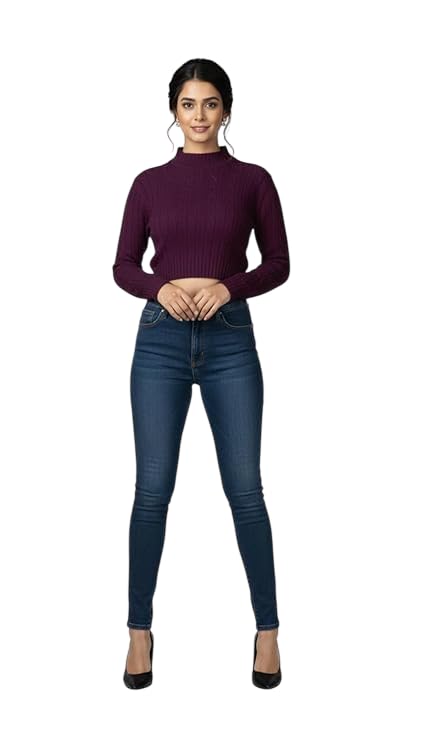 Image of Winter Woolen Blouse for Women | Stretchable Winter Wear Full Sleeve Round Neck Pullover | Geometry Knitted Design | Free Size Up to 38 Bust Thermal Wool Blouse Purple
