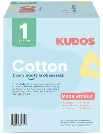 Kudos Chlorine Free Cotton Lined Disposable Baby Diapers, Elastic Stretch Sides, Absorbent Leak Protection Layers, Soft Comfortable Fit, Size 1, 70 Count, 7-12 lbs