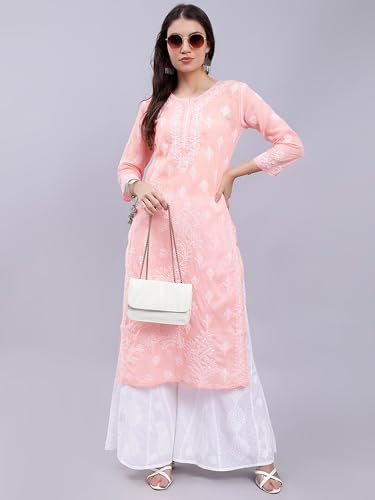 Image of Seva Chikan Hand Embroidered Lucknowi Chikankari Terivoil Cotton Regular Fit Straight Kurta for Women SCL4351