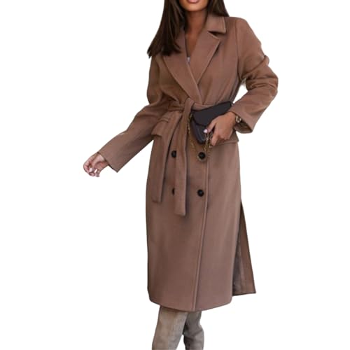 Womens Double Breasted Lapel Trench Coat Classic Solid Color Casual Cardigan Jacket Slim with Belt Outerwear