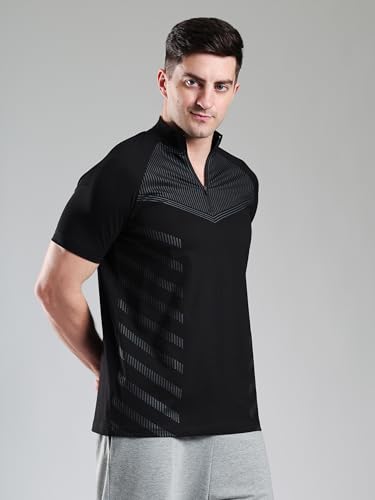 Image of GROW Stylish Aeroflex Zip T Shirt for Men Workout | Cotton and Spandex Quarter Zip Back Printed Collar T-Shirts for Men Half Sleeves