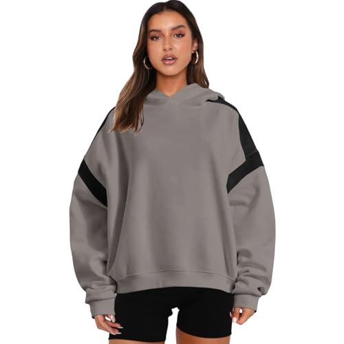 Suéter con capucha para mujer, estilo perezoso, holgado, detalles de hilo de empalme de dos colores, deportes callejeros