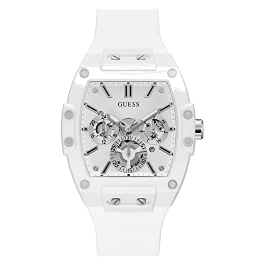 GUESS Relógio masculino casual multifuncional de 43 mm – Caixa de policarbonato branca com mostrador esqueleto branco e pulseira de silicone branca, Branco, Relógio de quartzo
