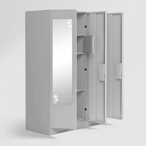 Image of Interio by Godrej Almirah Slimline 3-Door Steel Almirah, Cupboard for Clothes (Royal Ivory), 1-Year Warranty, 7 Shelves, 1 Locker, Star Design Mirror