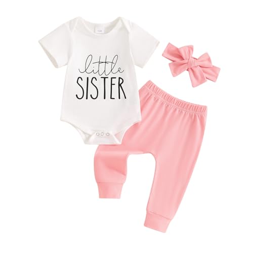 Image of Ayalinggo Newborn Baby Girl Clothes Little Sister Romper Lil Sis Short Sleeve Tshirt Pants Headband Summer Infant Clothes