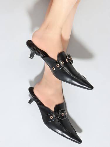 Image of ELLE Women Elegant Buckle Kitten Heel Slip-On Mule