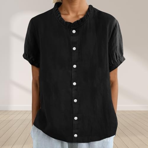 Cotton Linen Shirts for Women 2025 Summer Casual Button 3/4 Sleeve Tops Solid Crewneck Blouses Tunic2