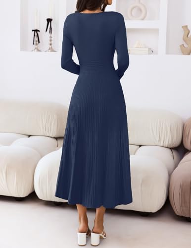 MEROKEETY Women's Sweater Dress 2025 Fall Winter Long Sleeve Square Neck Pleated Church Wedding Guest Knit Midi Dresses4