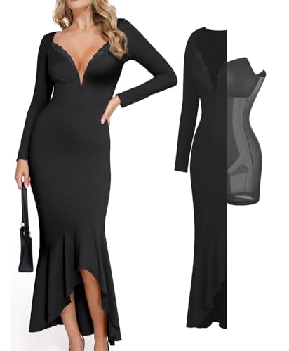 Image of Popilush Long Sleeve Cocktail Dress for Women Shapewear Tummy Control Party Dresses Deep V Neck Lace Mermaid Maxi Dress