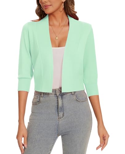 Image of Women 3 /4 Sleeve Cropped Cardigan Lightweight Casual Open Front Bolero Shrug Sweaters