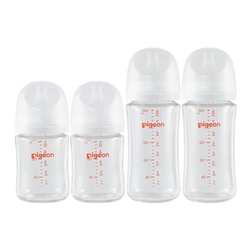 Image of Pigeon Glass Nursing Baby Bottle Wide Neck (Pack of 4), Streamlined Body, Natural Feel, Easy to Clean, Heat-Resistant, 5.4Oz and 8.1 Oz (2S 2L)