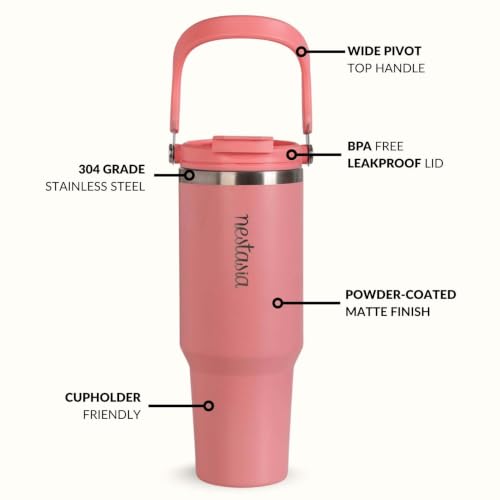 Image of Nestasia PickSip40 Tumbler with Straw & Top Handle 1.2L | Insulated Stainless Steel Sipper Water Bottle for Adults with Dual Flip Opening Sip-Swig Leakproof Lid for Office & Gym (Coral Pop)