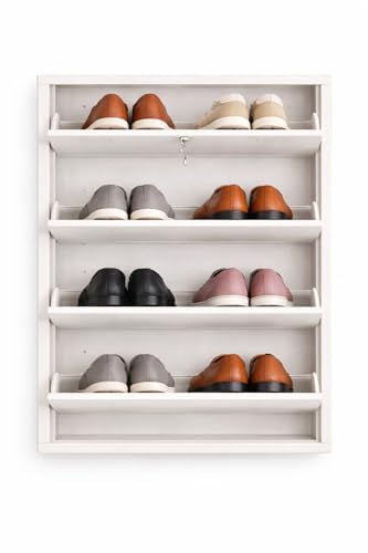 Image of 4 Door Wall Mounted Metal Shoe Rack with Lock | Foldable Shoe Cabinet | Space Saving Shoe Organizer for Home | Ventilated Steel Shoe Stand Holds 16-24 Pairs (White)