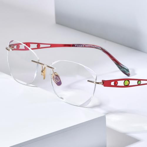 Image of FONEX Titanium Glasses Frame,Rimless Frameless Luxury Diamond Optical Eyeglasses for Women