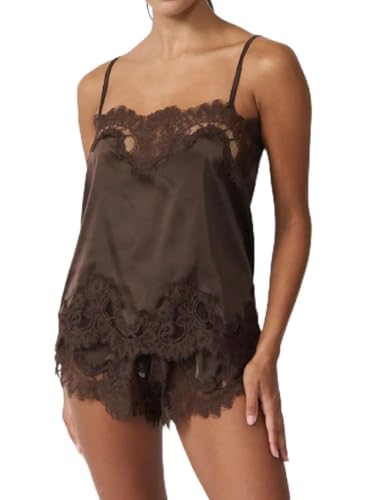 Image of ROAONOCOMO Women Lace Trim Pj Shorts Set Square Neck Coquette Tank Top Silk Satin Pajama Set Babydoll 2 Piece Shorts Outfit