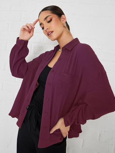 Image of Styli Women Drop Shoulder Crepe Oversized Shirt | Stylish Casual Shirt for Women | Comfortable Tops | Perfect for Office, Travel & Daily Outfits