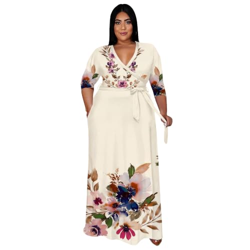 Image of Nmoder Plus Size Maxi Dress for Women - Summer Casual 3 /4 Sleeve Floral Flowy Long Dress with Belt XL- 6XL