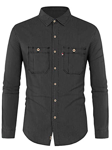 Men's Button Down Shirts Denim Long Sleeve Casual Loose Shirt Tops with Pockets4