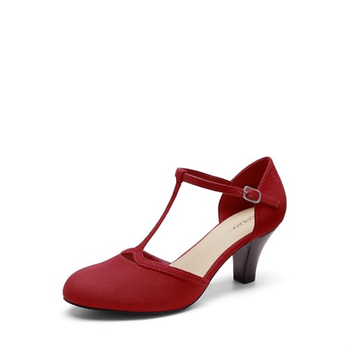 DREAM PAIRS Escarpins Femme Petit Talon à Lanière T, Chaussures Rétro Élégantes et Confortables pour Soirée, Mariage et Occasions Formelles,Size 43,Rouge,SDPU26001W