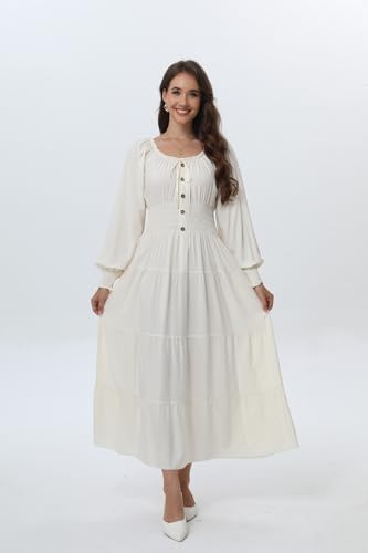 Image of OSTOO Women's 2026 Casual Long Sleeve Square Neck Smocked High Waist Flowy Maxi Dress,Boho Tiered Beach Party Dress