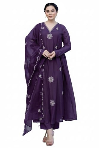 Image of Nermosa Women Embroidery Solid Anarkali Kurta and Pant Set with Dupatta