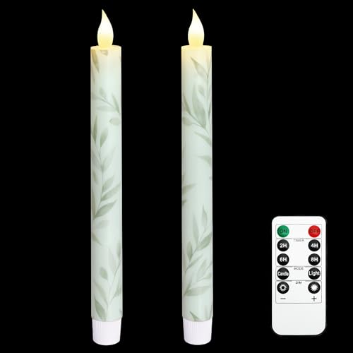 Image of Willow Leaf Flameless Taper Candles with Remote & Timer Real Wax LED Taper Candles Flickering Candlesticks Battery Operated Candle for Home Wedding Party Summer Fall Christmas Decor 2 Pack 9.6 inch