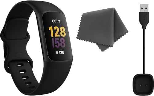 Fitbit Charge 6 Fitness Tracker (Bundle) – Black/Obsidian – Heart Rate, GPS, Sleep & Stress Tracking + Fast Charger, & Cleaning Cloth (Black)