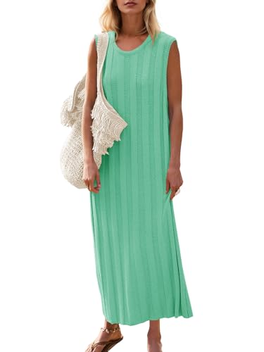 Fisoew Women's Sleeveless Sweater Midi Dress Scoop Neck Loose Fit Ribbed Knitted Dress Casual Solid Tank Top Dresses Mint Green