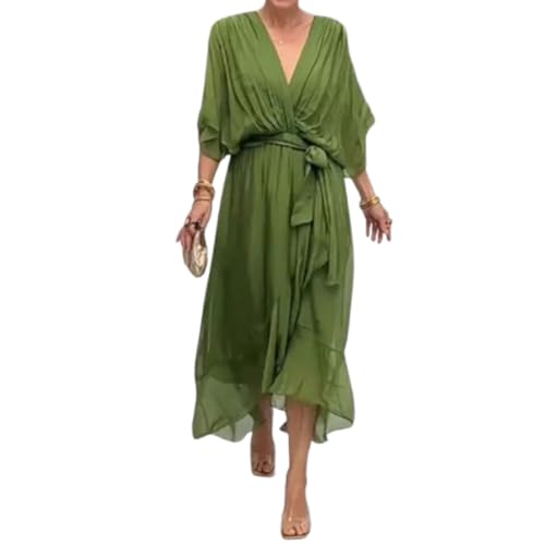 QKCQQTS Solid Color Lace Up Long Skirt for Women, Batwing Sleeve Irregular Dress, Chiffon Flounce Long Dress with V Neck and High Waist, Green, XL QKCQQTS Solid Color Lace Up Long Skirt for Women, Batwing Sleeve Irregular Dress, Chiffon Flounce Long Dress with V Neck and High Waist, Green, XL