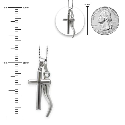 Italian Horn Charm w/Cross - 925 Sterling Silver - Cornicello Pendant - Religious Cross Pendant - 3D Double Sided Pendants - Silver Chain2