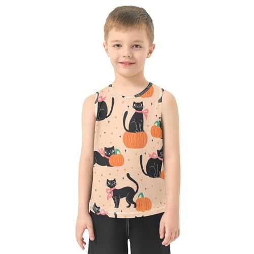 Bolaz Boys Athletic Quick Dry Tank Top Sleeveless Workout T Shirts Age 11-15,Black Cat Pumpkin Star Pattern2